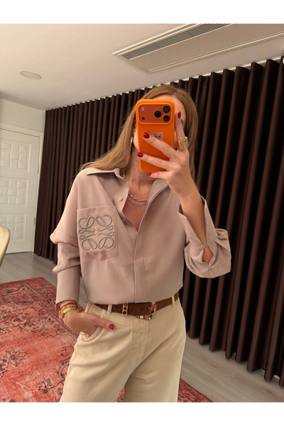 begum mayda Marka Logo İşlemeli , Vizon Tencel Gömlek