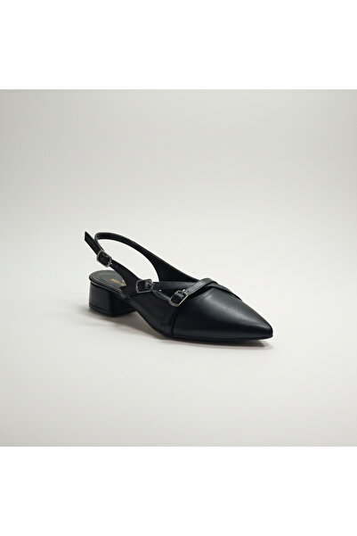 Modayak Elegant Black Square Low-Heel Pointed-Toe Belted Heel Shoes