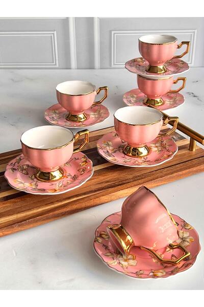 ROSSEV Porselen Türk Kahve Fincanı 6 Kişilik 12 Parça Eldon Pembe