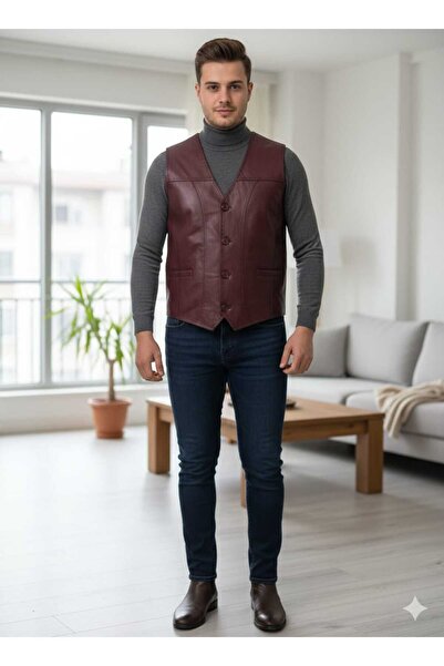 EGE DERİ سترة من جلد الخراف الأصلي بنسبة 100%، موديل رودي، لون أحمر داكن