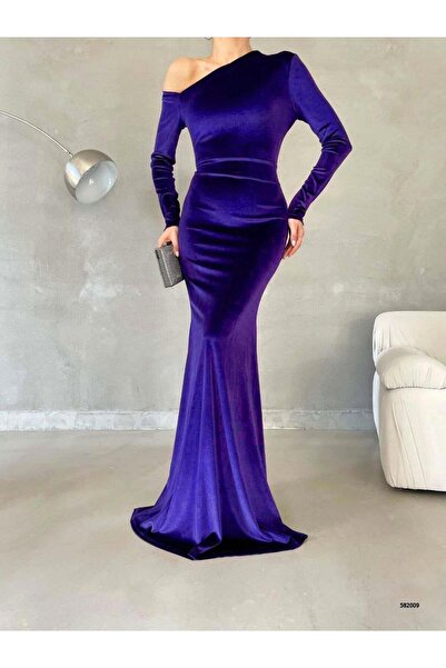Modafeminen Off-The-Shoulder Maxi Length Velvet Fabric Evening Dress Light Pu...