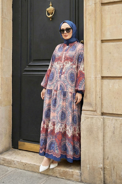 MODAQU Hakim Collar Patterned Long Comfortable Viscose Dress - Yavruağzı