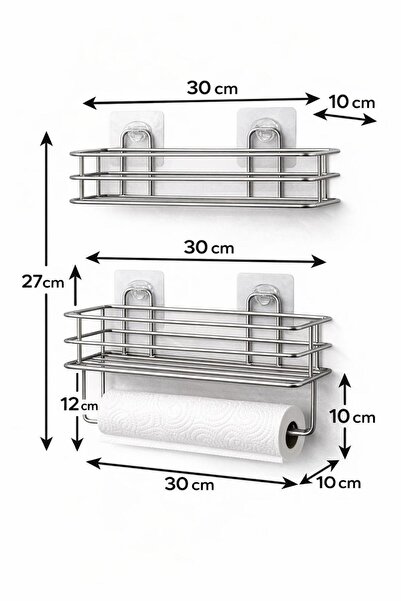 Kitchen Smile Yapışkanlı Banyo Ve Mutfak Rafı 2 li Set Kağıt Havlu Askılı Banyo Duş Mutfak Organizer