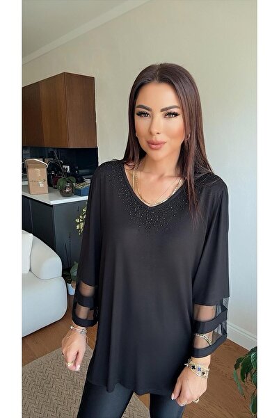 DİDEM GÜLTAKTI Minas Women's Collar Stone Sleeve Tulle Detailed Black Blouse