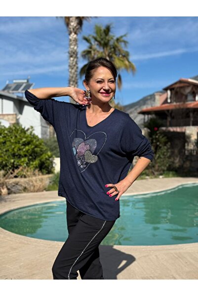 Punta Otantik Yg27030 Five Heart Patterned Italian Knitwear Blouse Navy Blue