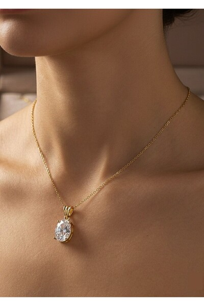 Erer Gümüş Gümüş oval 12x8 mm 4,5 carat tektaş kolye