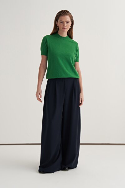 EBU Prive Women's Double Pleated Wide Leg Palazzo Trousers Navy Blue