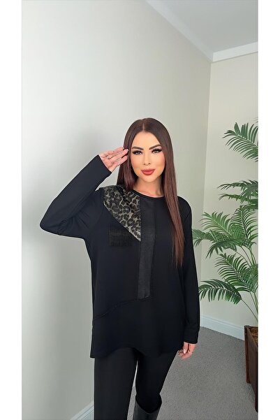 DİDEM GÜLTAKTI بلوزة مونيه نسائية سوداء بتفاصيل من الجلد والأحجار