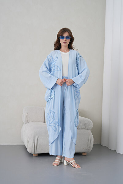 Miss Allos Women's Front Sequin Embroidered Linen Kimono Cardigan and Pants T...