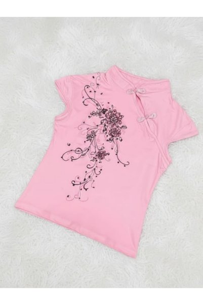 DREICH STREETWEAR ART Pink Mandarin Collar Floral Qipao Vintage Y2K Short Sleeve Crop
