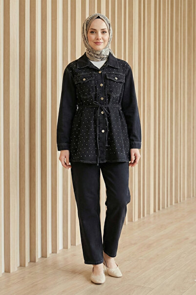 Kirazgym Women's Stoned Buttoned Denim Jacket and Trousers Set - Black