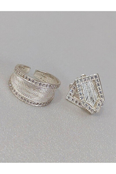 Midyat Nurtaş Gümüş Zirkon Sıra Taşlı Trabzon Hasırı Kadın Gümüş Küpe-Yüzük S...