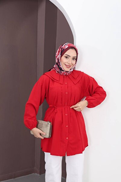 HİFADEN Women's Baby Collar Waist-Tied Buttoned Hijab Shirt