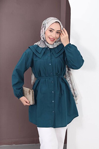 HİFADEN Women's Baby Collar Waist-Tied Buttoned Hijab Shirt