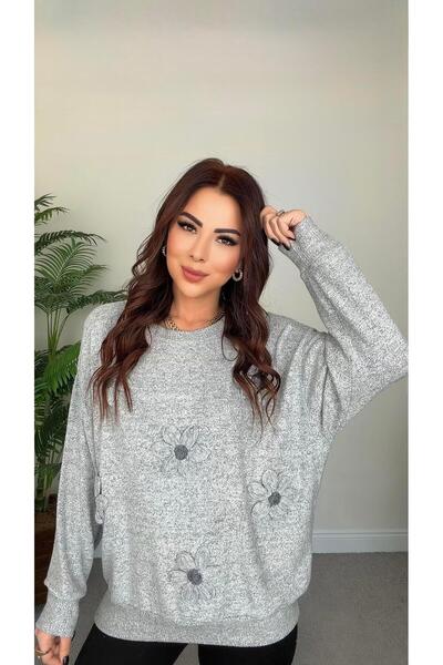 DİDEM GÜLTAKTI Cise Women's Soft Textured Floral Design Gray Blouse