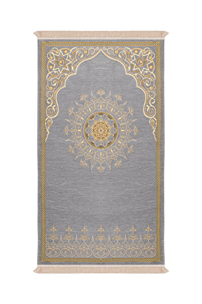 Bursa İpek Gray Mandala Pattern Embossed Special Woven Prayer Rug