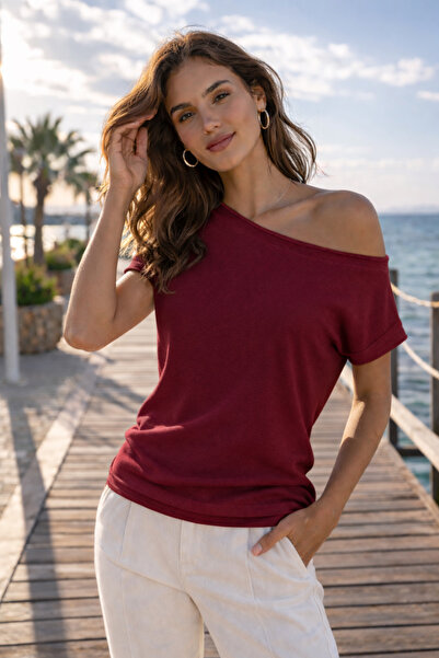 citystyle Women's Knitwear Blouse Burgundy Bat Sleeve Short Sleeve Sausage Co...