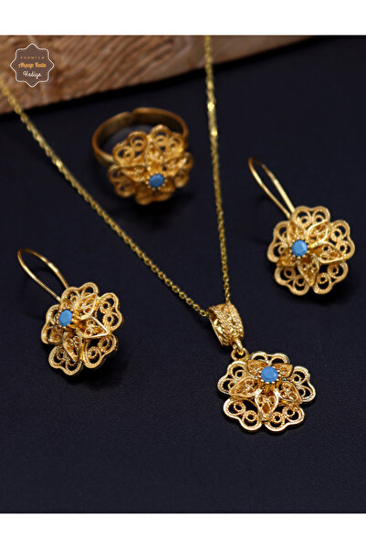 Midyat Nurtaş Gümüş Firuze Taşlı Gül Model Kadın Gold Kaplama 925 Ayar Gümüş ...