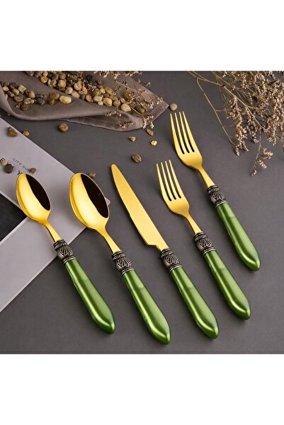 Onedekor 30 Piece Minerva Fork Spoon Knife Set Green Gold