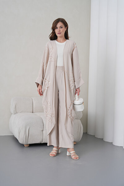 Miss Allos Women's Front Sequin Embroidered Linen Kimono Cardigan and Pants T...