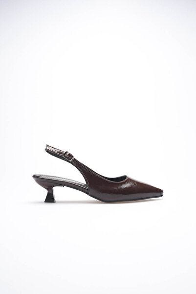 TRENDELLA Women's Brown Wrinkled Patent Leather Slingback Pointed Toe Short H...