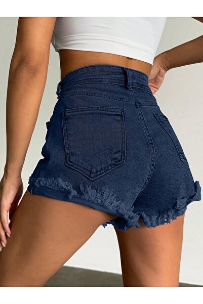 connemara Kadın Yüksek Bel Lacivert Jean Şort — Püskül Paça Dar Kesim Yazlık ...