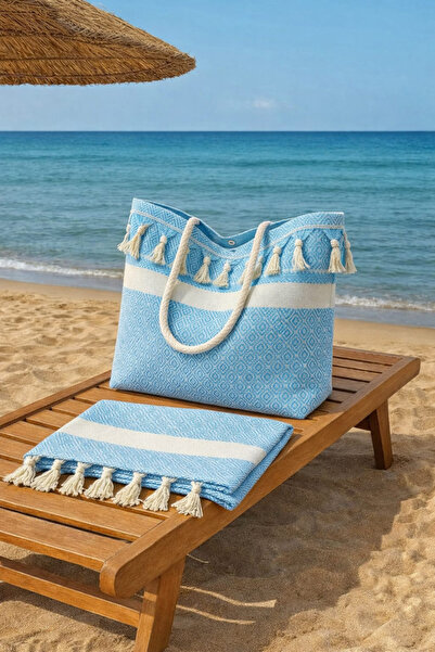 Fabric Box %100 Doğal Pamuk Plaj Çantası ve Peştemal - İç Cepli & Çıtçıtlı