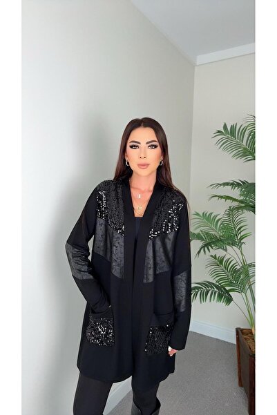 DİDEM GÜLTAKTI Katrin Women's Leather and Sequin Detailed Black Jacket Cardigan