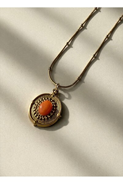 GLOW STORE Turuncu Akik Taşlı Çelik Kolye