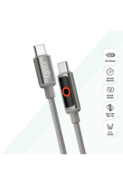 Type C Hızlı Şarj Kablosu | Type-C to Type-C, 60W, 480 Mbps, 1.2m, PD, Örgü, Led Işık Gri
