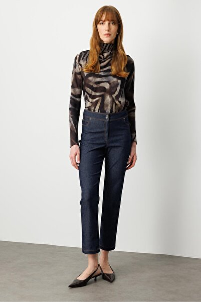 Moda İlgi Spor Dikiş Detaylı Yüksek Bel Sigara Paça Tensel Kot Pantolon Lacivert