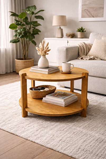 beriner Mobilya Ahşap Yuvarlak Orta Sehpa Yan Sehpa Zigon Masa Raf Komodin Ki...