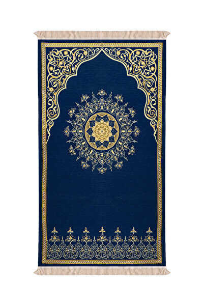 Bursa İpek Navy Blue Mandala Pattern Embossed Special Woven Prayer Rug