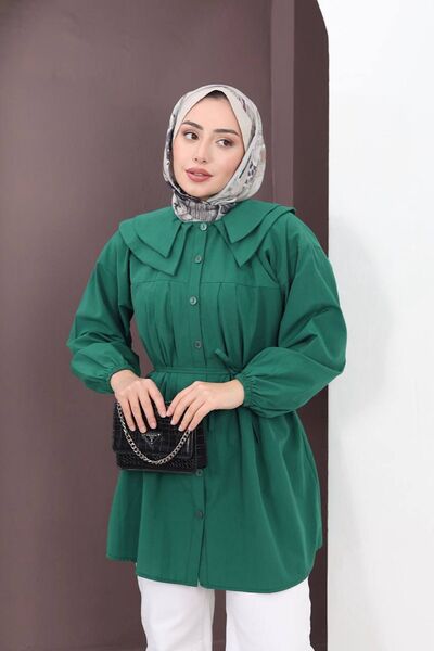 HİFADEN Women's Baby Collar Waist-Tied Buttoned Hijab Shirt