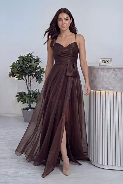 the ZKS Kadın Askılı Yırtmaçlı Abiye Elbise Bebe Mavi, Kahverengi, Beyaz, Siyah