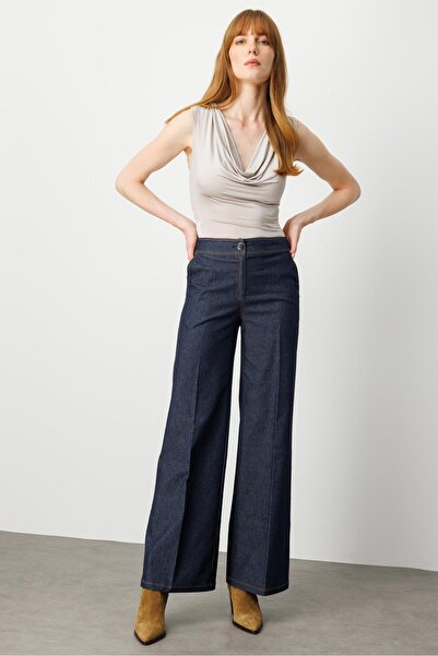 Moda İlgi Spor Dikiş Detaylı İspanyol Paça Yüksek Bel Tencel Kot Pantolon Lac...