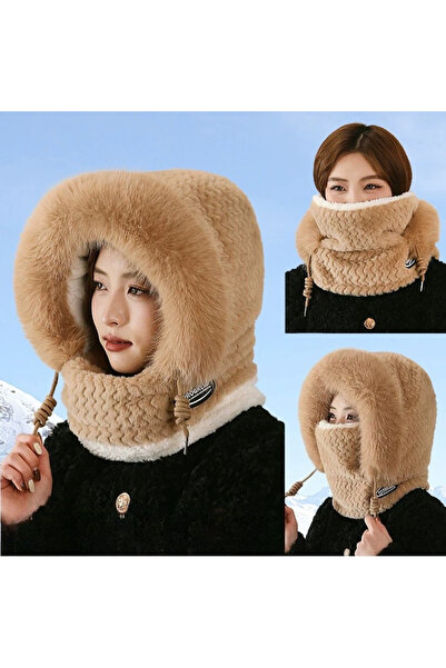 Choice1 K Autumn and Winter Women Thermal Plush Hat Hood Scarf and Mask Ear P...