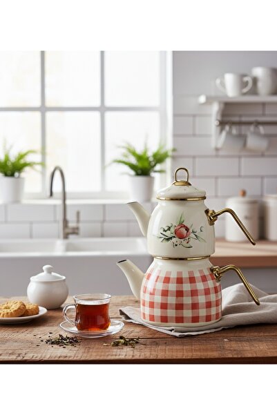 ALLEGRI Rosa Series Enamel Teapot Plaid Rose Pattern Large Volume 2.1 + 1.3 L...