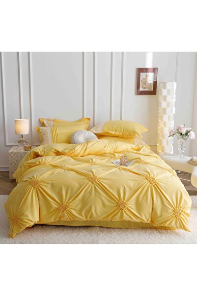 JOJO HOME Set lenjerie de pat premium cu inimioare brodate, pat dublu, 6 pies...