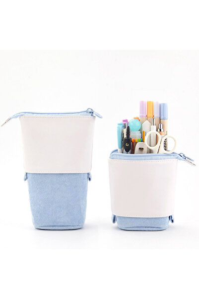 Choice3 PU corduroy blue Telesco Pencil Bag Stand-up Pen Case Cute Pencil Hol...