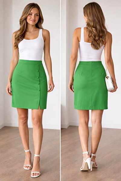 WISDOM Önü dört düğmeli diz üstü yırtmaçlı etek