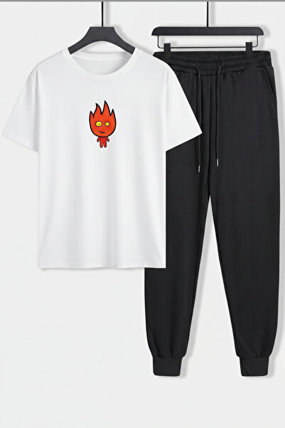 Trend Sizde Fire Character Printed Unisex T-Shirt Jogger Sweatpants 2-Piece Set