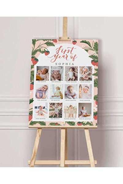 NinaStore Birinci Yıl Fotoğraf Panosu Çilek Temalı Doğum Günü Tabelası / Düze...