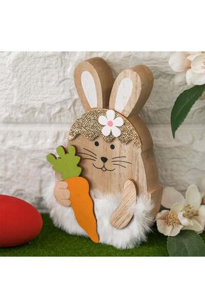 OEM Decoratiune de Paste Iepuras din Lemn cu Blana Artificiala & Morcov 10x2x...