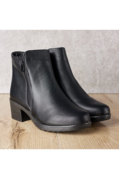 Tellus Women's Black Leather Ankle Boots with Fur, High-Heel, JF-51