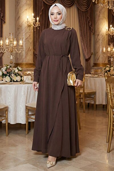 hafsamina Buckle Detailed Tie-Up Hijab Dress Brown Hm2887