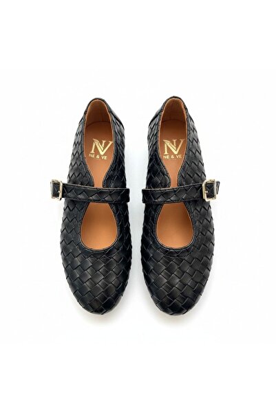 NE&VE SHOES Kahve Hakiki Deri Örgü Detaylı Tokalı Kaddın Yuvarlak Burun Babet