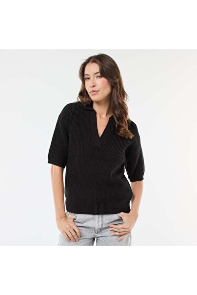 KIABI Polo-Style Sweater with V-Neck BLACK