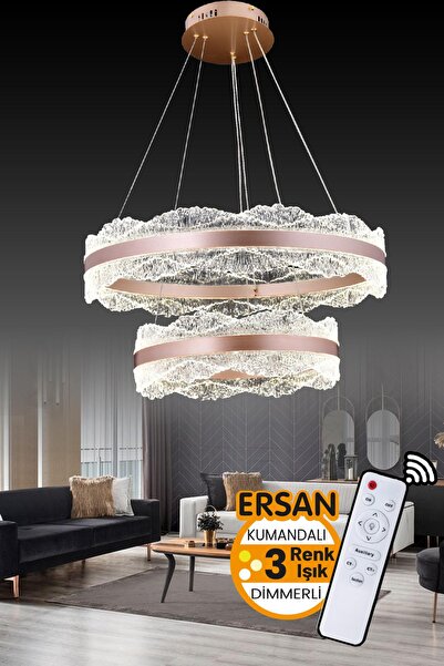 Ersan Avize Light Rose Gold 3 Katlı Kumandalı 3 Renk Işık Özelikli Dimerli Sa...