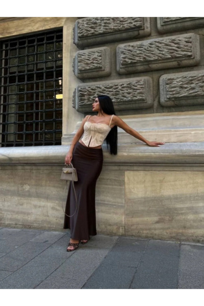 MAESTRO WOMAN Γυναικεία καφέ σατέν φούστα με μακριά ελαστική μέση